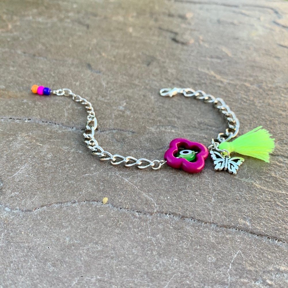 Howlite purple clover evil eye link chain bracelet
